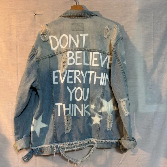 Distressed Denim Jacket Graphic Quote Stars Oversized Light Wash S - Picture 2 of 8